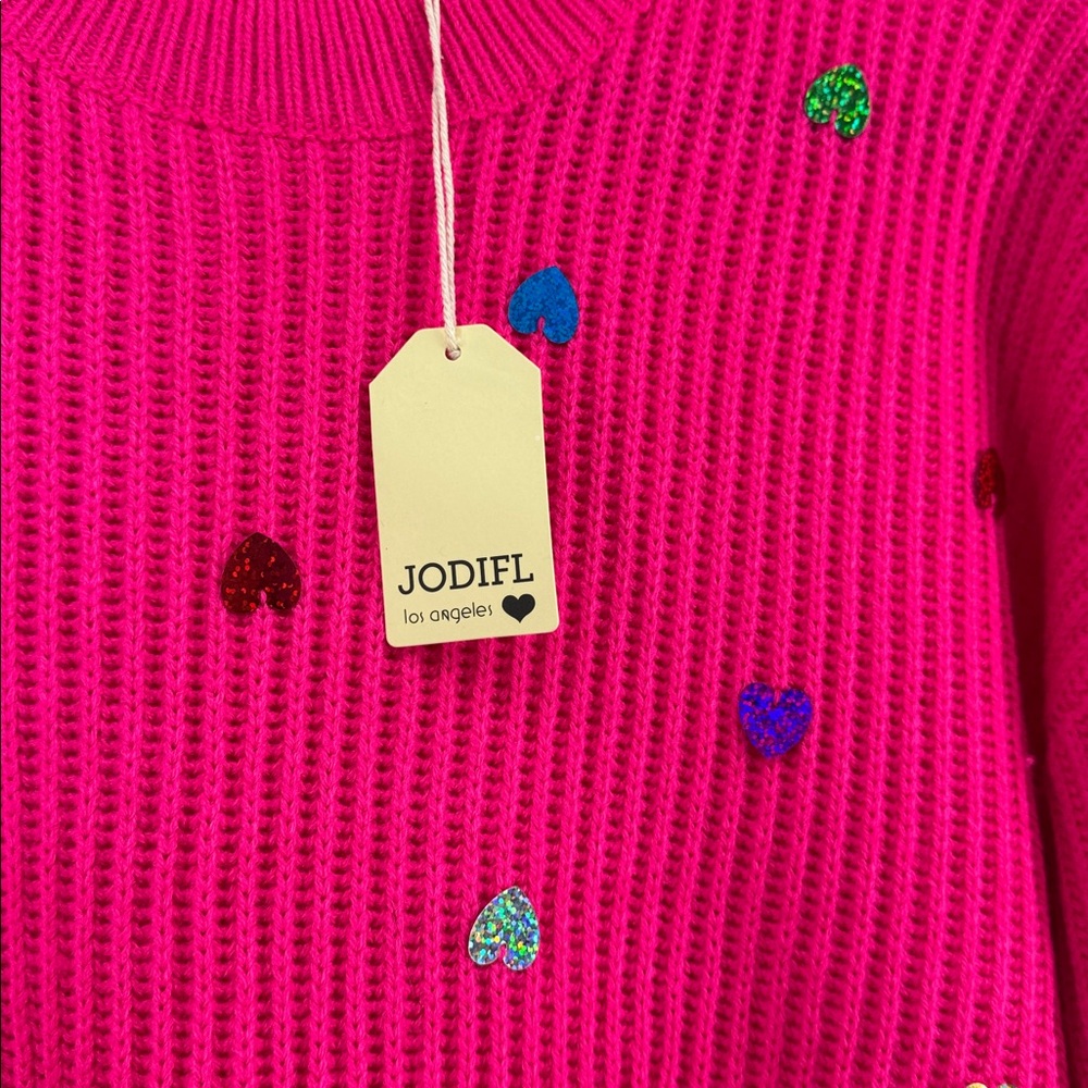 JODIFL Waffle Knit Vibrant Pink Sweater with Sequins Hearts Women's Size L NWT - Picture 3 of 9